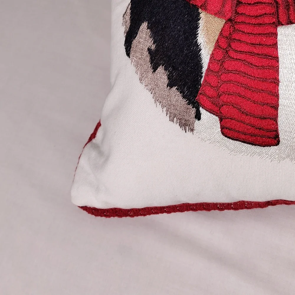 Pier 1 Holiday Penguin Embroidered Throw Pillow Red Scarf Poinsettia 10.5W x 11H